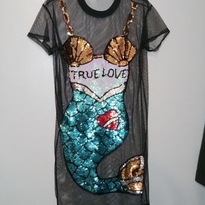 Sparkly Sequined Mermaid Black Mesh CoverUp Dress
